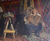 Mongolian Hunter and Eagle in Ger
